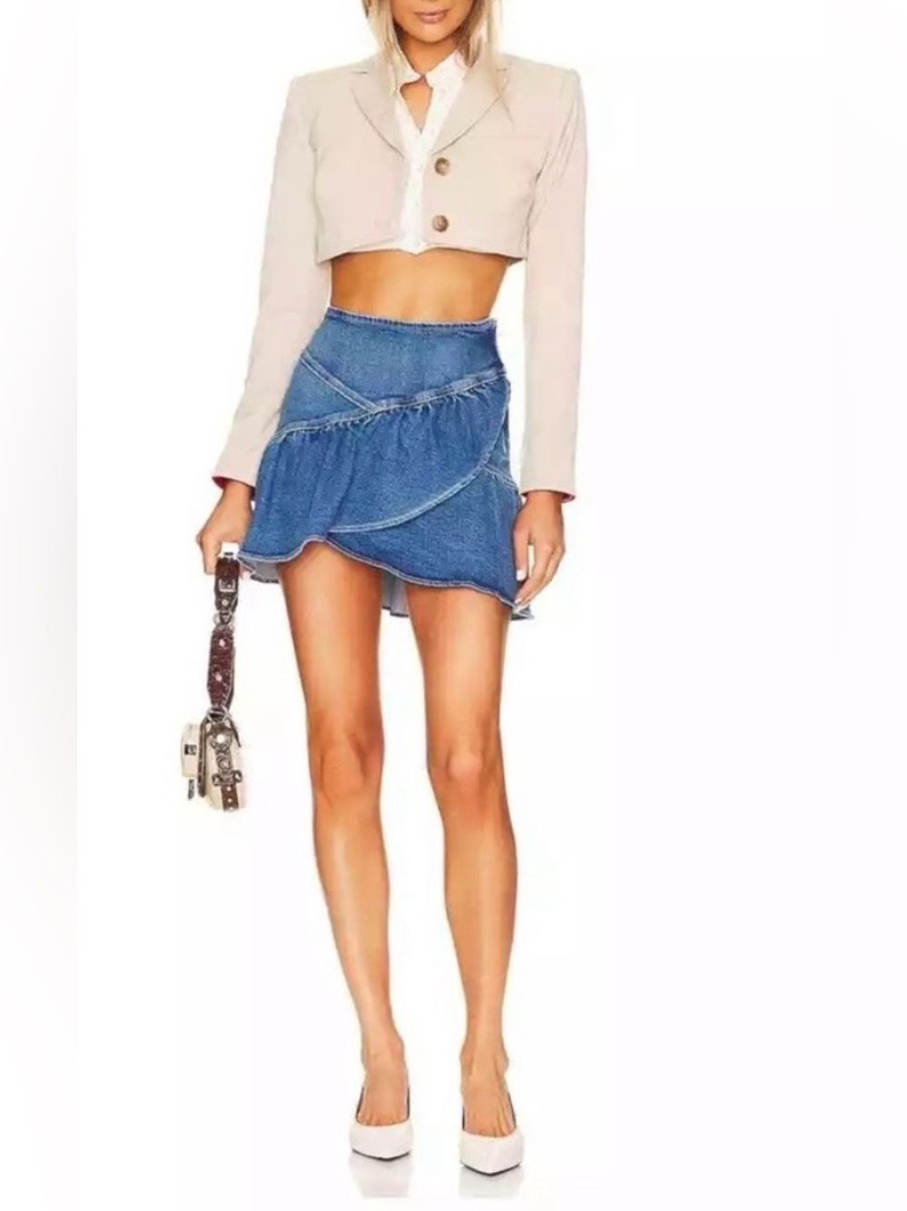 MOTHER Denim The Minx Asymmetric Ruffle Mini Skirt Wash Layover Blue size 25